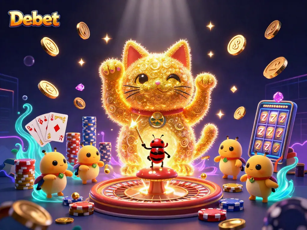 Experience the excitement of Debet with golden fireflies, a lucky cat, and vibrant casino symbols.