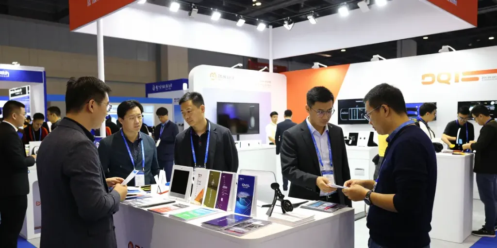 Exposants engaging with attendees at a vibrant trade show, showcasing innovative technology.