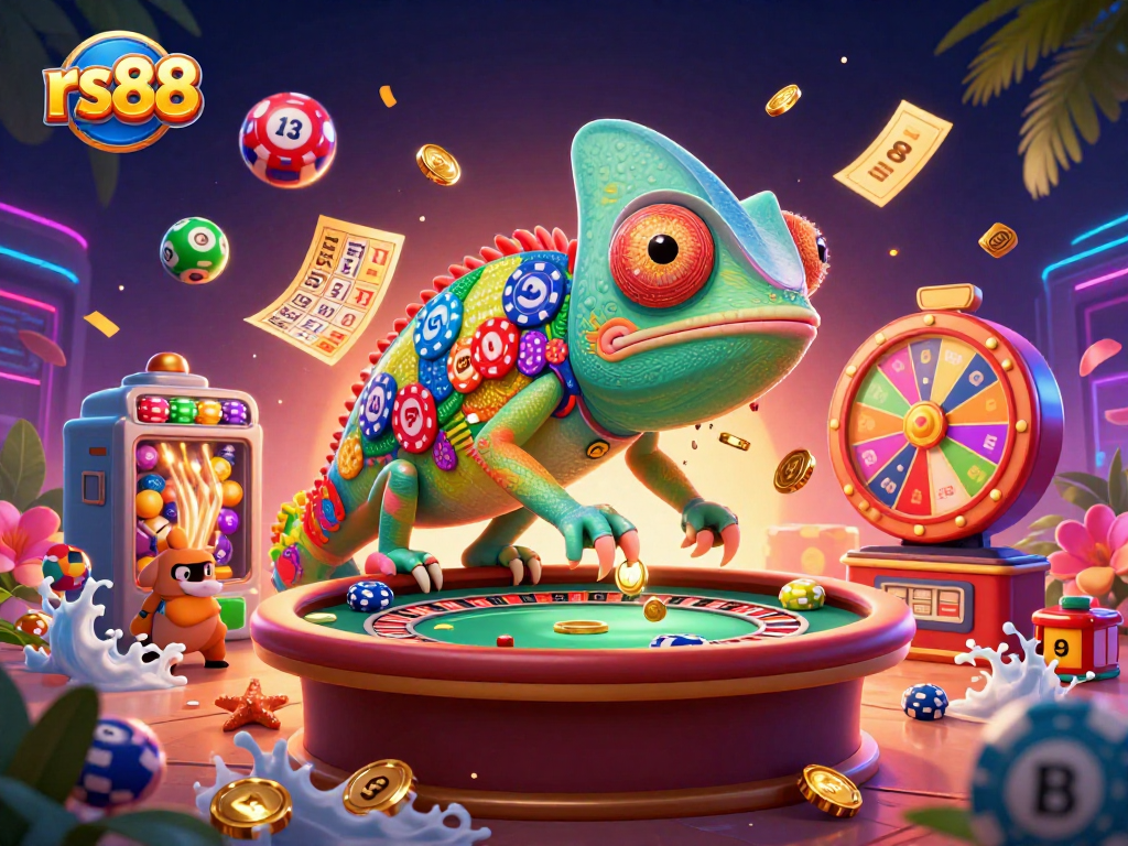 Experience the excitement of rs88 with vibrant lottery balls and a chameleon casino owner catching golden coins.