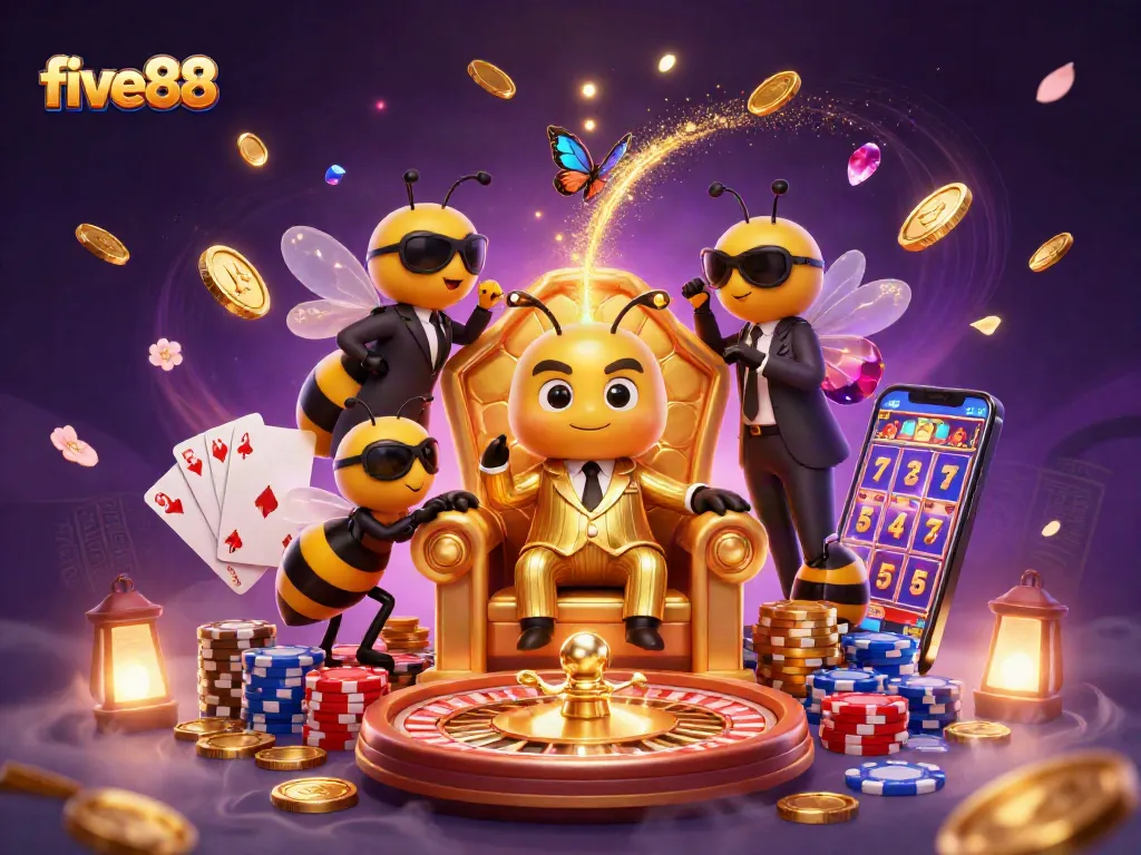 Experience thrilling casino action with five88 as colorful poker chips and golden coins cascade around dynamic characters.
