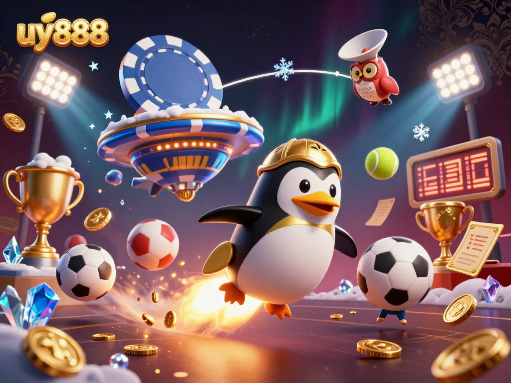 Experience exciting gameplay at uy888 with a golden penguin racing toward a casino space station.