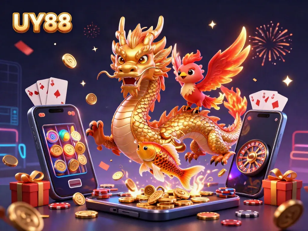 Experience thrilling gameplay with UY88’s vibrant features, showcasing a dragon, phoenix, and koi fish.