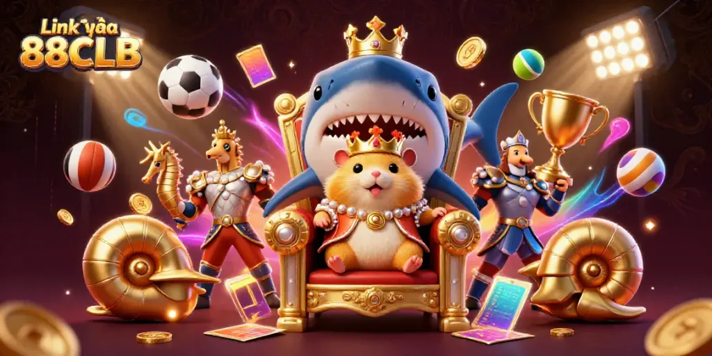 Engage in thrilling gameplay at Link vào 88CLB with vibrant energetic casino elements, featuring a golden hamster king.