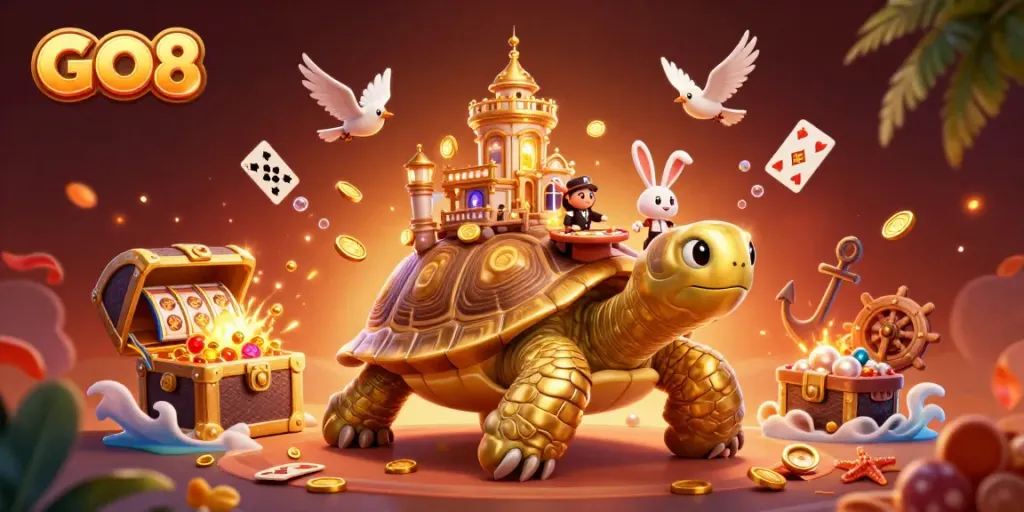 Experience thrilling slots at GO8 with our unique 3D casino illustration, featuring vibrant action.