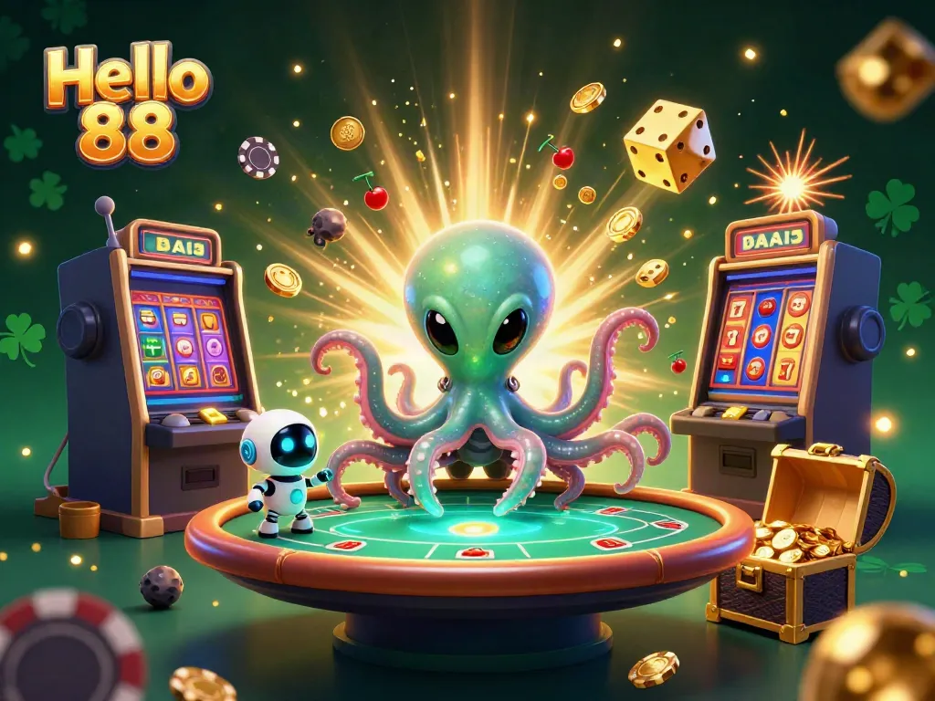 Experience thrilling casino action with Hello 88 featuring an octopus and robot at a poker table surrounded by dynamic game elements.