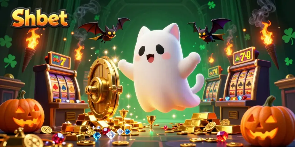 Engage with shbet's vibrant casino vibes as a friendly ghost cat and vampire bat float amidst jackpot dreams.