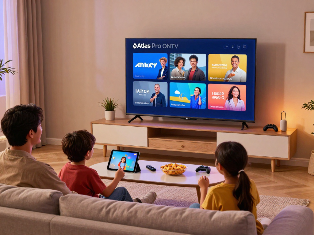 Expérience familiale avec l'application Atlas Pro sur Smart TV, soirée cinéma à domicile
