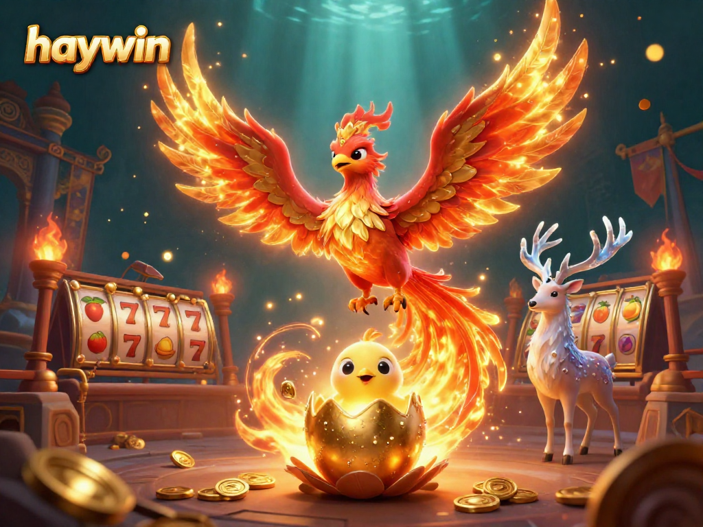 Experience haywin’s thrilling casino adventure starring a phoenix and mystical stag amidst slot reels and golden sparkles.