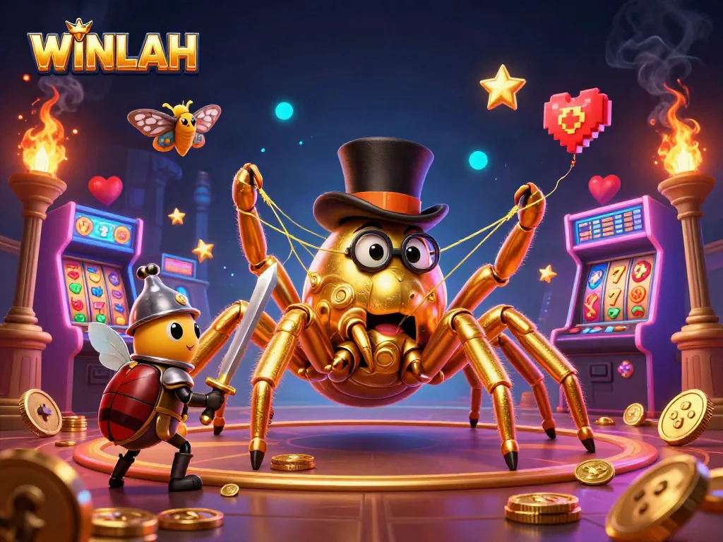 WINLAH's giant golden tarantula spins a golden web of casino luck amid vibrant gaming elements.
