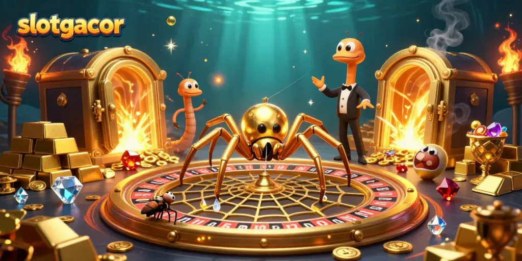Engaging scene depicting slotgacor's whimsical characters with a golden spider and croupier amidst stunning treasure effects.