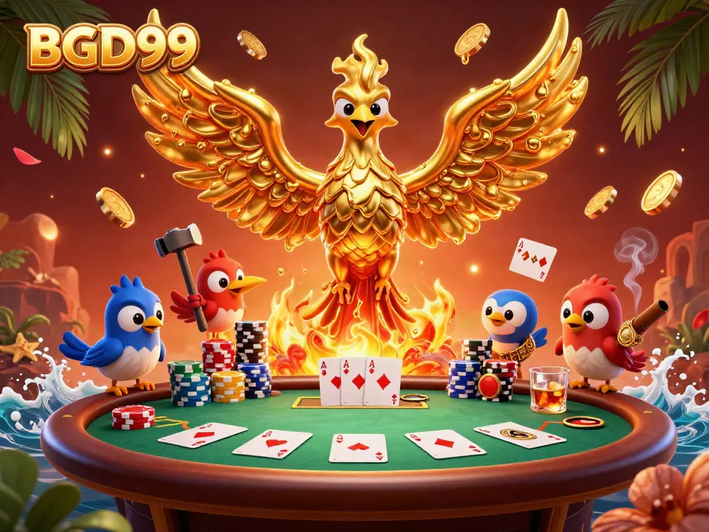 Engage with BGD99's vibrant casino world featuring a molten phoenix and poker action.