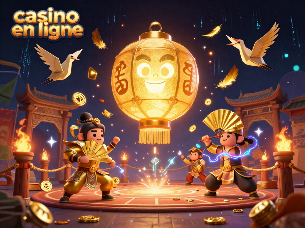 Casino en ligne captivant avec un esprit lantern géant flottant et des guerriers en papier fan, riche en éléments de jeu.