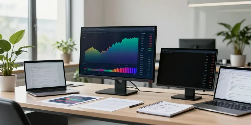Le Journal Financier scene depicting a consultant analyzing investment strategies with market charts.