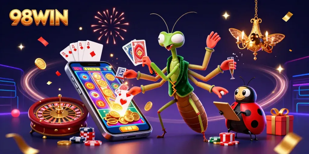 Engage with 98WIN's vibrant 3D casino illustration showcasing dynamic gambling activities and colorful game elements.