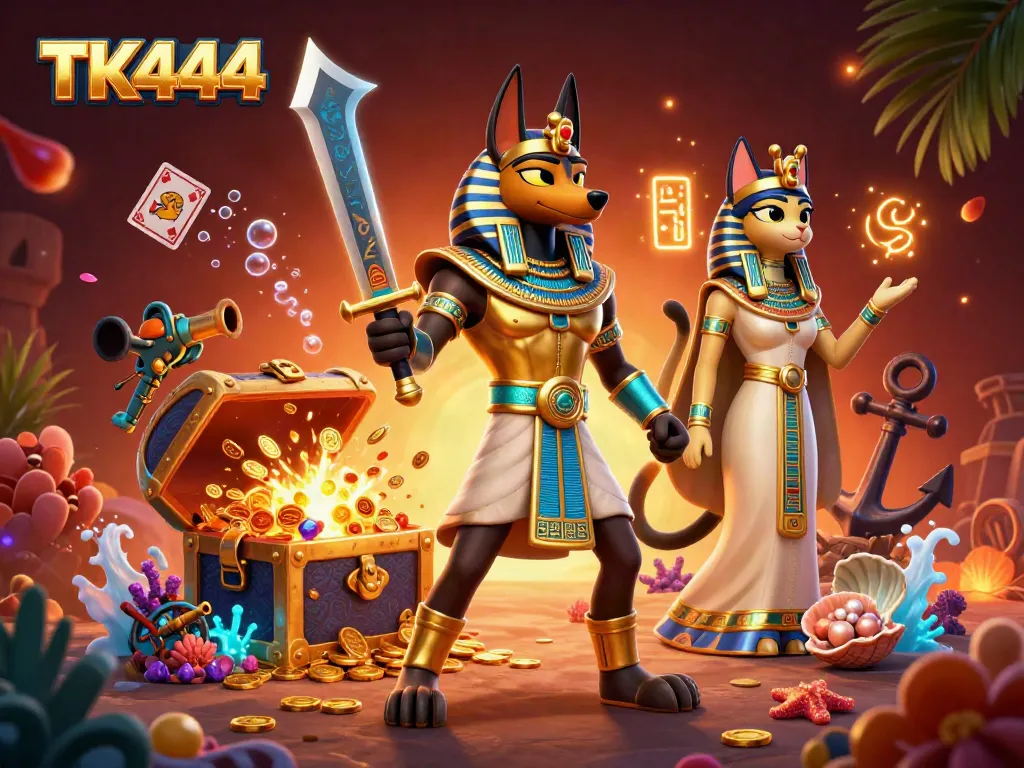 Experience the rich gaming world of TK444 with an epic battle scene featuring Anubis and Bastet, adorned with treasures.