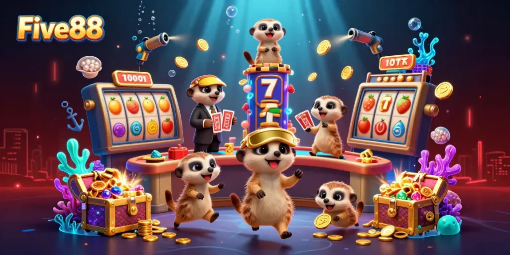 Five88 meerkats engage in a vibrant casino operation with slot reels and a treasure chest, showcasing lively gambling action.