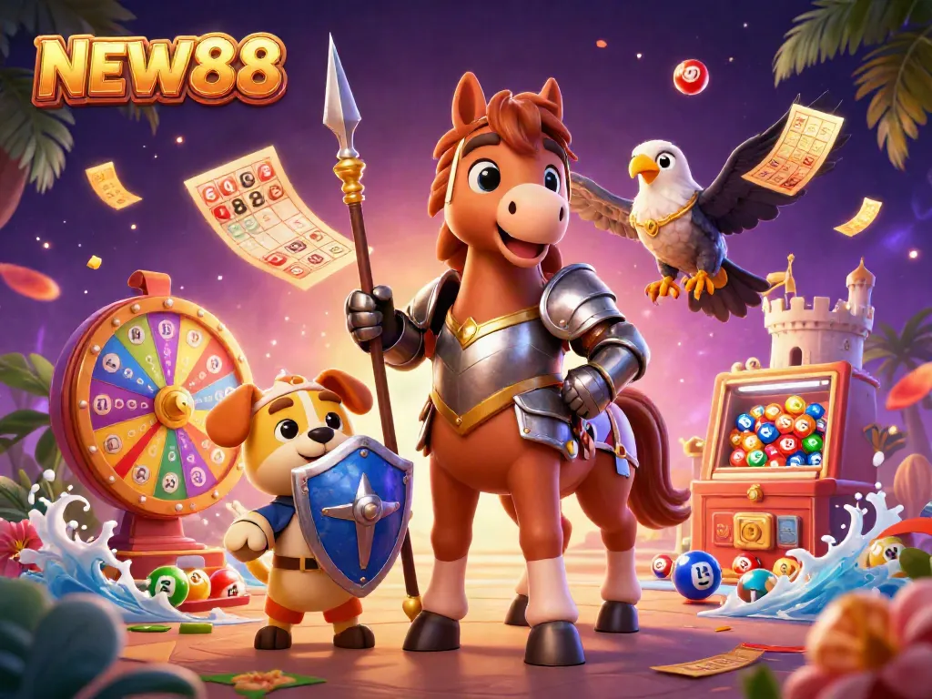 Engage in the thrilling world of NEW88 with a dynamic 3D illustration showcasing knight, squire, and falcon amidst lottery excitement.