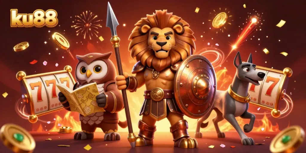 Experience thrilling wins with ku88's vibrant online casino elements in a heroic illustration.